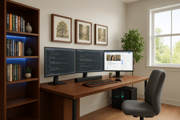 Original image: a home office desk with two monitors beside a sunny window