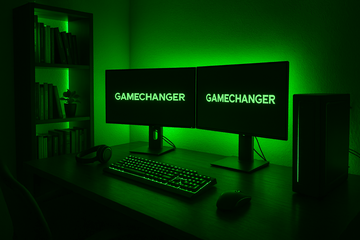 Original image: a dark desk lit green by two monitors
