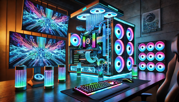 Original image: a gaming PC with glowing RGB fans between neon monitors