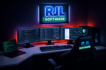 Original image: a dark office with a blue RJL Software sign over three monitors