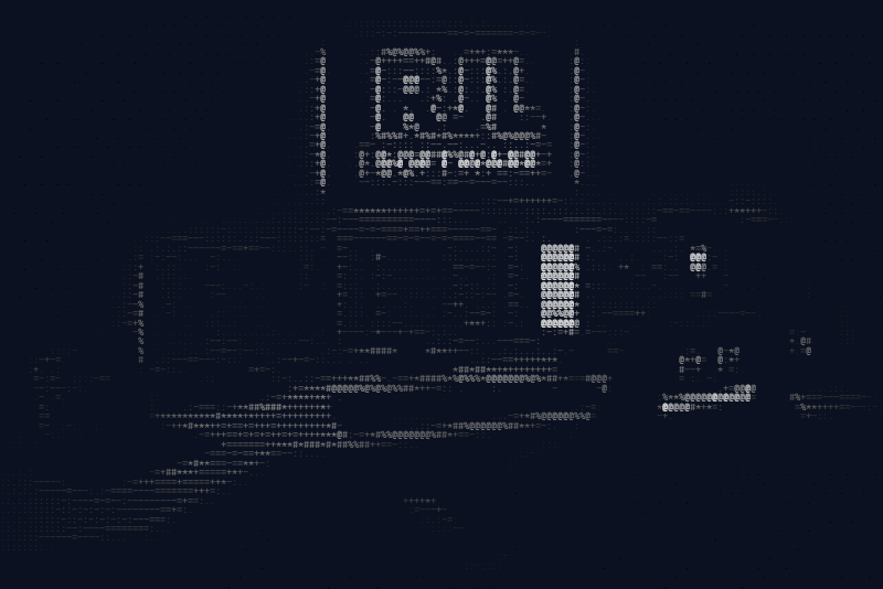 The dark office as grayscale ASCII art