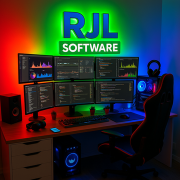 Original image: a desk with four monitors under a neon RJL Software sign