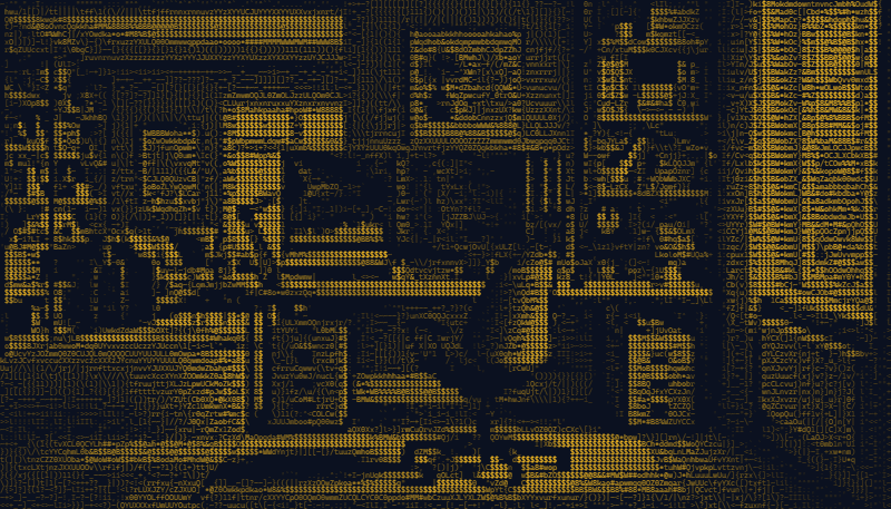 The home office as amber duotone ASCII art