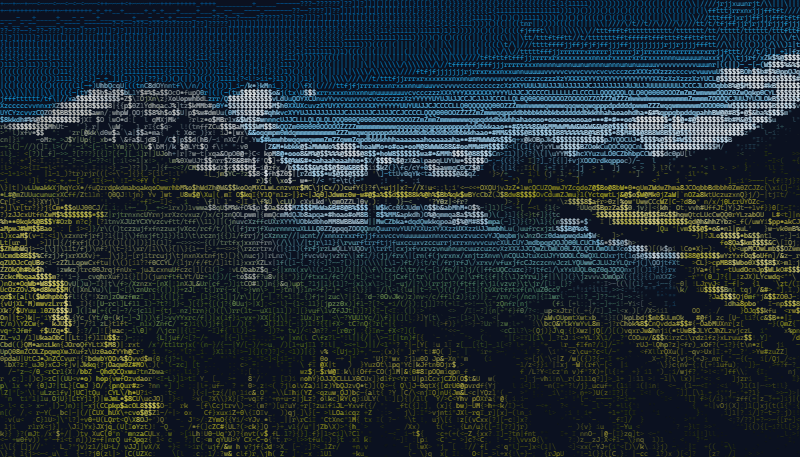 A photo of a mountain lake in a meadow, rendered as color ASCII art with the Photo preset