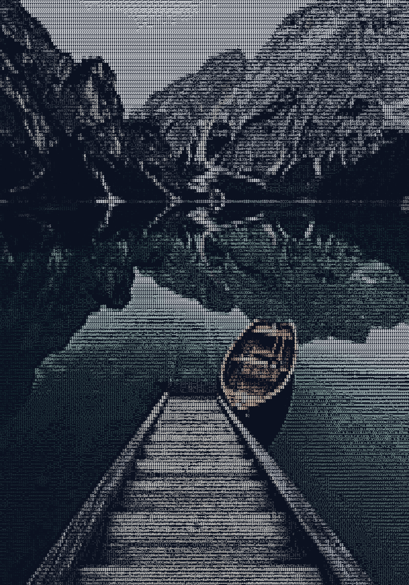 The rowboat photo as full color ASCII art with the Photo preset
