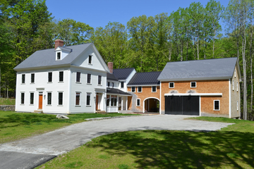 Original photo: a white farmhouse and a cedar-shingled barn beside a gravel drive