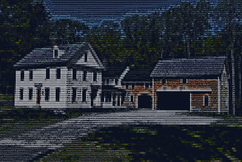 The farmhouse photo as 256-color ASCII art