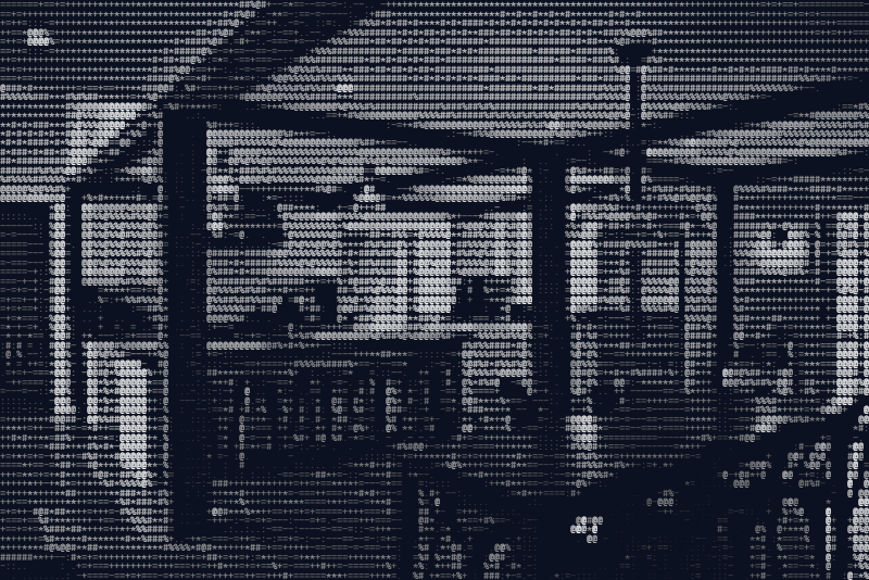 The kitchen photo as grayscale ASCII art