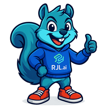 Original RJL.ai mascot: a blue squirrel in an RJL.ai hoodie giving a thumbs up