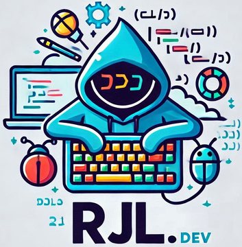 Original RJL.dev illustration: a hooded coder at a keyboard surrounded by code symbols