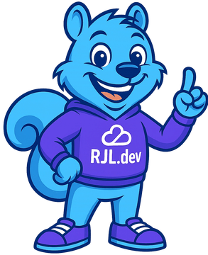Original RJL.dev mascot: a blue squirrel in an RJL.dev hoodie pointing up