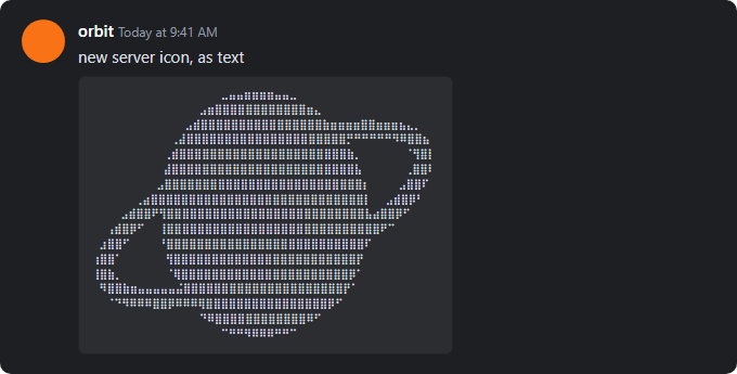 A chat message with a code block holding a planet logo drawn in Braille characters