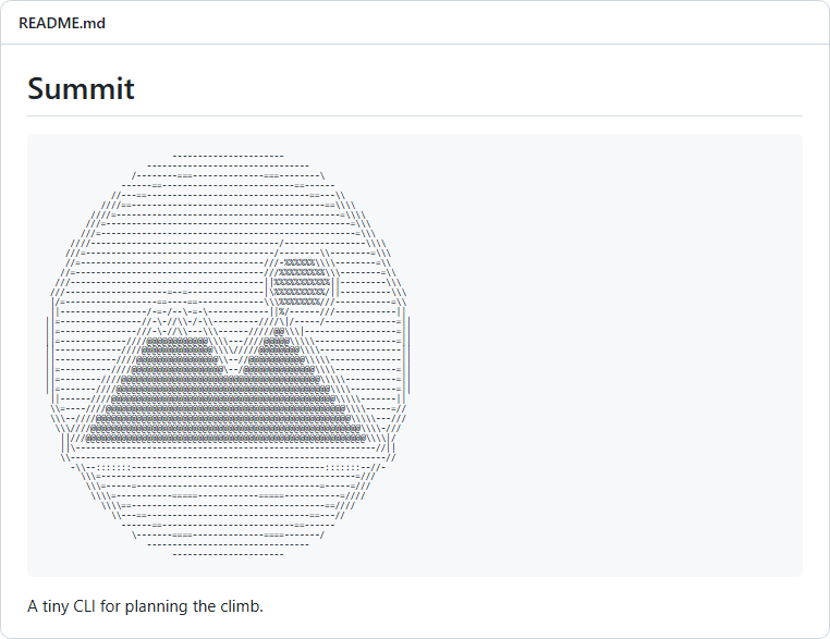 A README file showing a mountain logo as ASCII art inside a code block